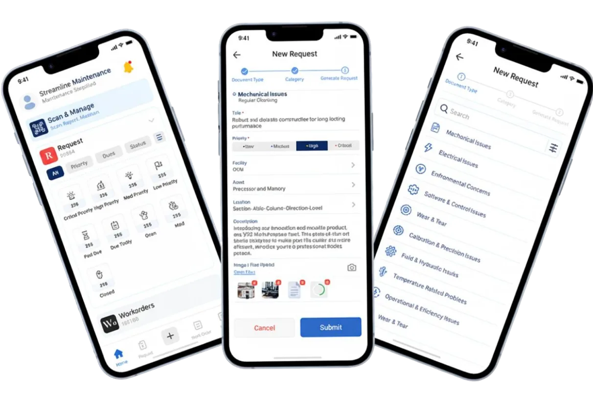 Trendz Guard mobile interface for maintenance alerts, asset monitoring, and machine issue tracking